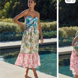 FARM Rio Blue and Green Midi Dress with Floral Design